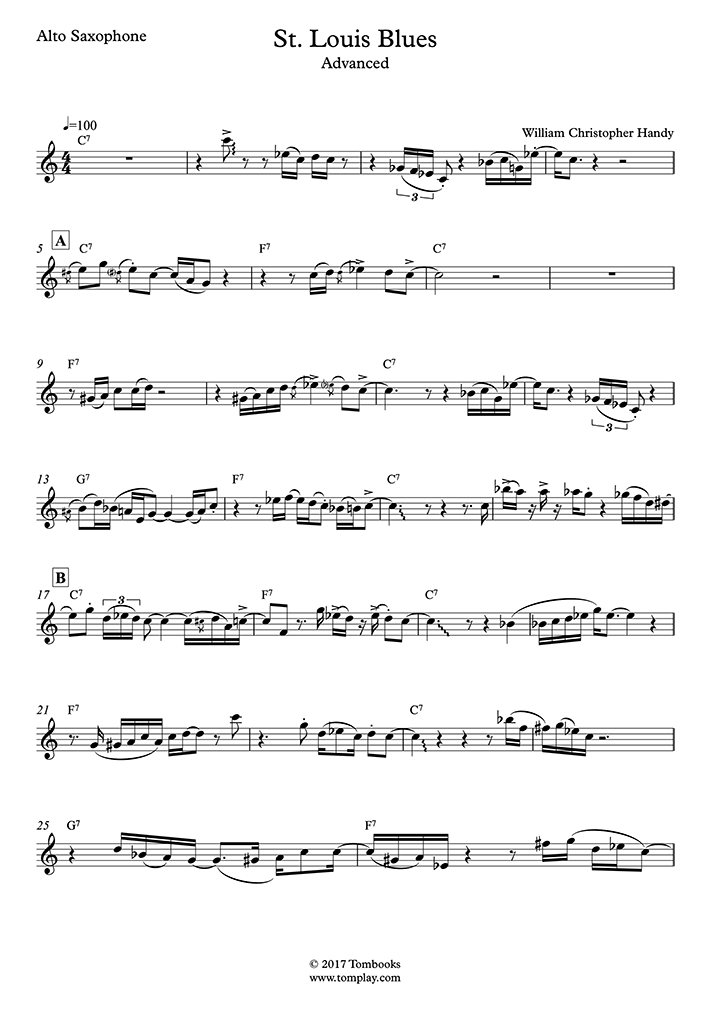 Partition Saxophone St Louis Blues (niveau difficile, sax alto) (Handy)